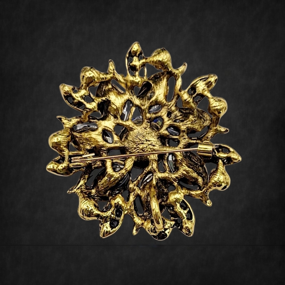 Gold Tone Royal Blue Crystal Floral Brooch New - Picture 4 of 4